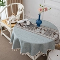 Nappe ronde bleu gris avec bordure à glands et imprimé de paysage chinois - 150cm Rond / Motif Bambou Bleu Clair (Milieu Bambou Bleu Clair + Frange Beige)