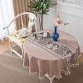 Elegante tovaglia rotonda con stampa paesaggistica e nappe bianche per la sala da pranzo - 150cm Rotondo / Stampa Bamboo Caffè
