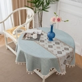Round light grey blue cotton linen tablecloth with ethnic jacquard and tassel trim - 150cm Round / Light Blue Landscape Stamp With Tassels
