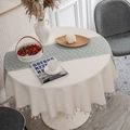 Modern minimalist round linen tablecloth with green wave pattern and fringe edges - 150cm Round / Small Green Wave Center With Beige Tassels