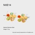 Detailed size view of floral gold stainless steel earrings with colorful cat-eye stones - Flower Stud Earrings (NXE14)
