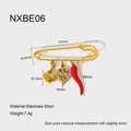 Detail view of 18K gold plated stainless steel pin brooch with heart and dollar pendants - Heart Dollar Chili Style (NXBE06)