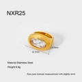 Macro view of 18K gold plated stainless steel ring with dimensions and weight specs - Hefty Wide Band Oval Zirconia Style (NXR25)