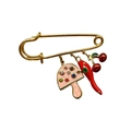 18K gold plated safety pin brooch with pink mushroom, red chili, and cherry charms - Mushroom Chili Cherry Style (NXBE)