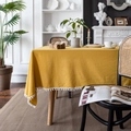 French style yellow tablecloth with white pom-pom trim for cozy home dining decor - 100x140cm / Yellow With White Pom-poms