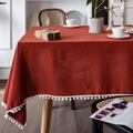 Brick red minimalist rectangular tablecloth with decorative white pom-pom fringe trim - 100x140cm / Orange With White Pom-poms