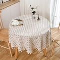 Rond linnen tafelkleed met blauwe bloemenprint en witte kwastjes voor de eetkamer - Marine Madeliefje Met Kwasten / Rond 150cm