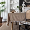 French style khaki table cloth with white pom-pom trim for rectangle dining table - 100x140cm / Khaki With White Pom-poms