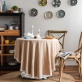 Macro detail of beige round washed cotton tablecloth with white pom-pom lace edging - Round (Diameter 140) / Khaki