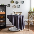 Detail of dark grey washed cotton tablecloth with white pom-pom fringe on round table - Round (Diameter 140) / Gray