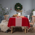 Red festive tablecloth with white chevron pattern and pompom fringe for Christmas dining - 140*140 / Red Wave with Fringe