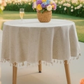 Linen texture round tablecloth in beige with elegant tassel edge for round tables - 150cm Round / Beige