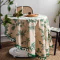 Green pine print round tablecloth in linen blend with decorative tassels for dining room - Round 150cm / Green Pine Cone (With Fringe)