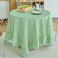 Round green and white gingham tablecloth with decorative ruffled hem for dining decor - 140cmx260cm / Green Gingham Ruffle