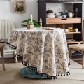 Round beige cotton linen tablecloth with vintage black floral print and fringe - Round / Black Large Flower with Black Tassel