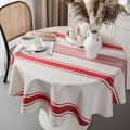 Round beige linen tablecloth with red stripes in a cozy retro dining setting - 150cm Round / Red Stripes