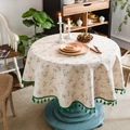 Floral cotton linen round tablecloth with green tassels for cozy home dining decor - Round / Fine Small Flower with Green Tassel