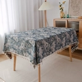 Nappe jacquard fleurie bleue vintage avec franges blanches pour table à manger - 140x260cm / Peinture à l'huile Bleue Gland Beige