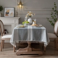 Gray rectangle cotton linen tablecloth with white tassels and woven stripes in a modern room - Two-line Gray (new) Broom Lace Trim / 100*140cm