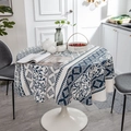 Round cotton linen tablecloth featuring blue mandala patterns and decorative fringe border - Round 150cm / Window Flower (No Fringe)