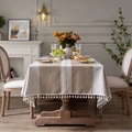 Minimalist beige and cream faux linen tablecloth with woven lace and pom-pom tassel fringe - 100*140cm / 2 Lines Coffee (New)