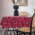 Nappe en lin à fleurs rouges avec pétales bleus et design de style champêtre français - 140*140 / Grande Fleur Rouge Sans Glands