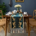 Navy blue chenille table runner with golden embroidery and elegant tassels - 35-200 / Green Water Grass Style (绿色水草平头+蓝米流苏)