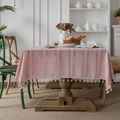 Pink cotton linen tablecloth with white geometric patterns and tassel edges - 140*220cm / Pink