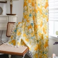 French country style yellow floral printed curtain with white fringe on a wooden chair - 150x220cm / Yellow Floral Beige (Grommet)
