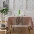 New Chinese style light brown table runner with vintage print and cream tassels on cotton linen - 100*140cm / Coffee Middle Bamboo with Tassels