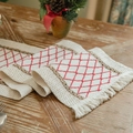 Camino de mesa de algodón y lino con rombos rojos y borlas para decoración de mesa - Cuerda De Cáñamo De Rejilla Roja / 30x120cm (incluyendo borlas)