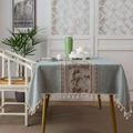 Elegant Chinese style table runner in pale green fabric with brown floral pattern and tassels - Light Blue Middle Bamboo with Tassels