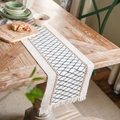 Bohemian cotton table runner with black diamond pattern and tassel on wooden table - Black Grid / 30-50 (including Tassels)