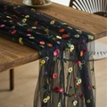 Macro detail of colorful floral embroidery on high-quality black mesh fabric for table decor - 150x350cm / Black Base Colorful Floral Lace