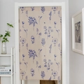 Beige linen door curtain with hand-painted navy floral pattern for home decor - Blue Little Bee