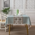 Light blue linen tablecloth with geometric diamond embroidery and white fringe trim - 140*220cm / Light Blue Middle Stamp with Tassels