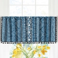 Blue geometric print window valance with black tassel fringe in a bright natural setting - Custom Size / Blue Carpet Geometric