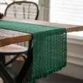 Dark green crochet table runner with handmade tassels on a vintage wooden dining table - Green Pattern / 30-50 (including Tassels)