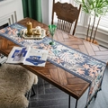 Tropical jacquard table runner with blue leaves and tassels on dark wood table - 35*140cm / Broadleaf Floral (Leaf Style)