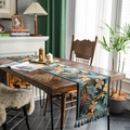 Tropical jacquard table runner with palm leaf patterns and blue tassels on wooden table - Leopard Flat Head With New Blue Tassels / 35*140cm