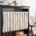 Beige linen small curtain with grey floral print and black tassel fringe detail - Custom Size / Gray Little Bee