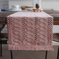 Modern lotus pink cotton table runner with woven hollow patterns and fringe tassels - 33x120