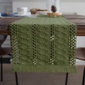 Grass green hand-woven cotton table runner with hollow diamond patterns and tassel trim - Twisted Green