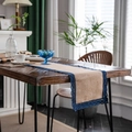 Natural burlap table runner with navy blue lace trim on a dark wood dining table - Jute With Navy Lace / 30x220cm (including tassels)