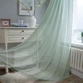 Green crochet lace curtain with hollow floral patterns and tassels in rural style - Green Coin Pattern Crochet Style Rod Pocket / 150*160