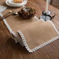 Rustic jute table runner with delicate white lace trim on a dark vintage wooden table - 30*220 / Jute With Flower Lace