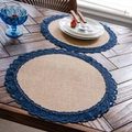 Blue lace border woven hemp placemats in a circular rustic style for dining tables - 30*50 / Jute With Navy Lace