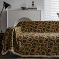 Retro sunflower jacquard sofa cover throw with elegant white cotton tassel edge detail - 180x340cm / Jacquard Sunflower White Fringe