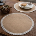 Natural jute table placemats with white lace edges set on dark wood table - 30*50 / Jute With Flower Lace