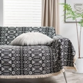 Bohemian black and white geometric sofa cover with cream tassels in a cozy home setting - 180*380 / Black Badge White Fringe